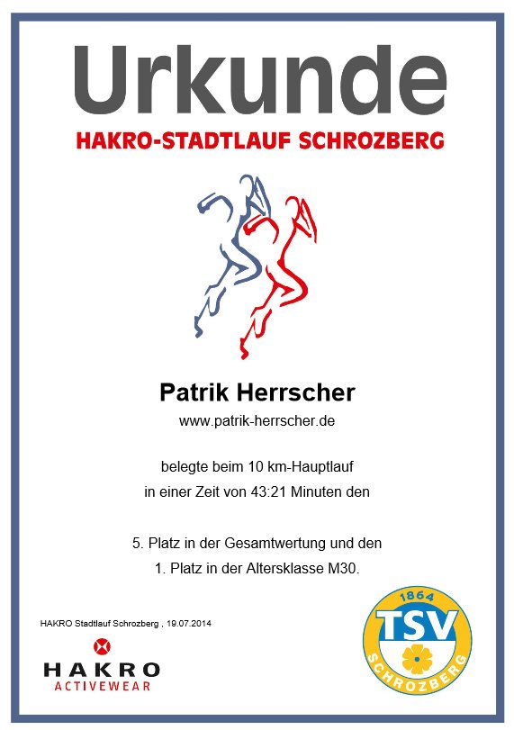 Urkunde Hakro Stadtlauf 2014