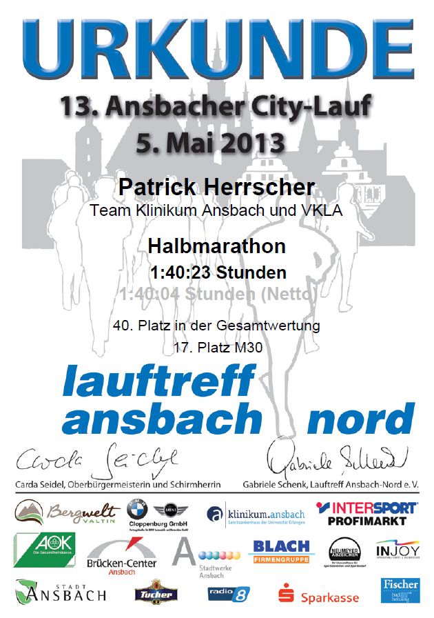 Urkunde Ansbacher Halbmarathon 2013