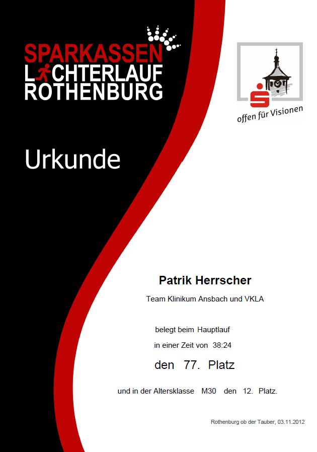 Urkunde Rothenburger Lichterlauf 2012