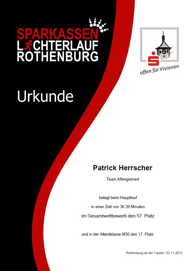 Urkunde Rothenburger Lichterlauf 2013